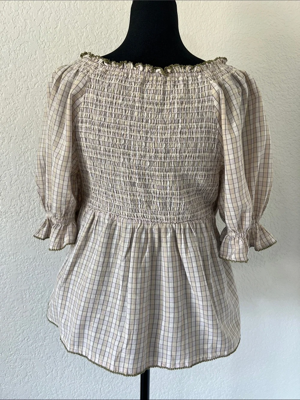 Old Navy Beige Plaid Smocked Peasant Blouse